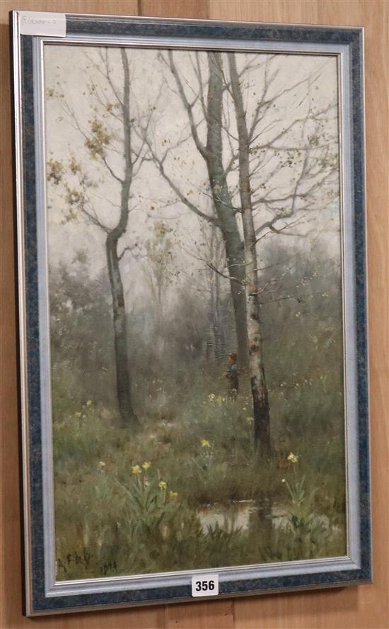 Alfred Fontville de Breanski, oil on canvas, Figure in a birch wood, signed and dated 1904, 55 x 34cm